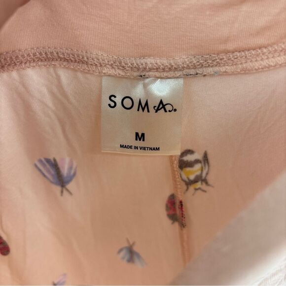 Soma Peach Sleepwear button up shirt pant set with beetle Insect Design womens M - Picture 9 of 11